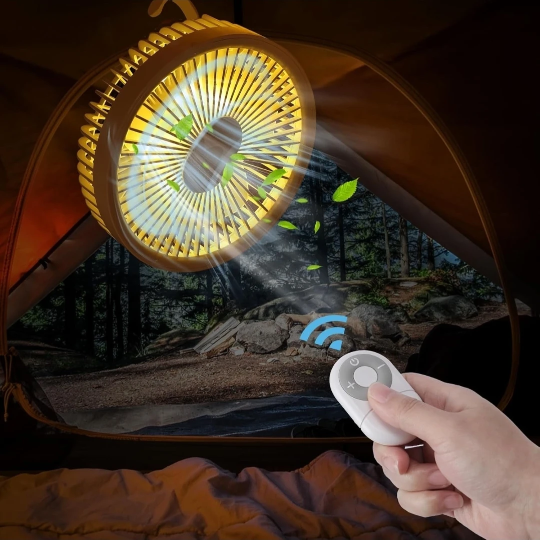 Camping Tent Fan with LED Light & Remote | Rechargeable Portable