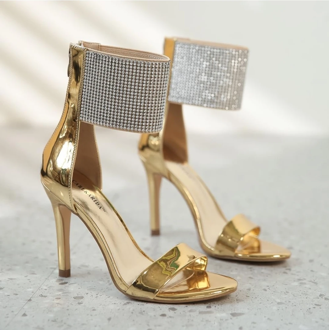 Women’s Gold Rhinestone Ankle Cuff Heels Stiletto Sandals Size 8 - photo 4