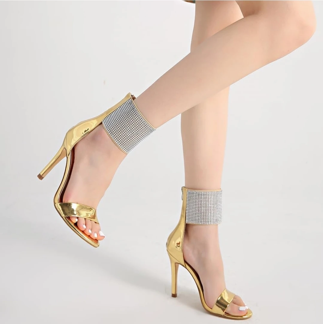 Women’s Gold Rhinestone Ankle Cuff Heels Stiletto Sandals Size 8 - photo 5