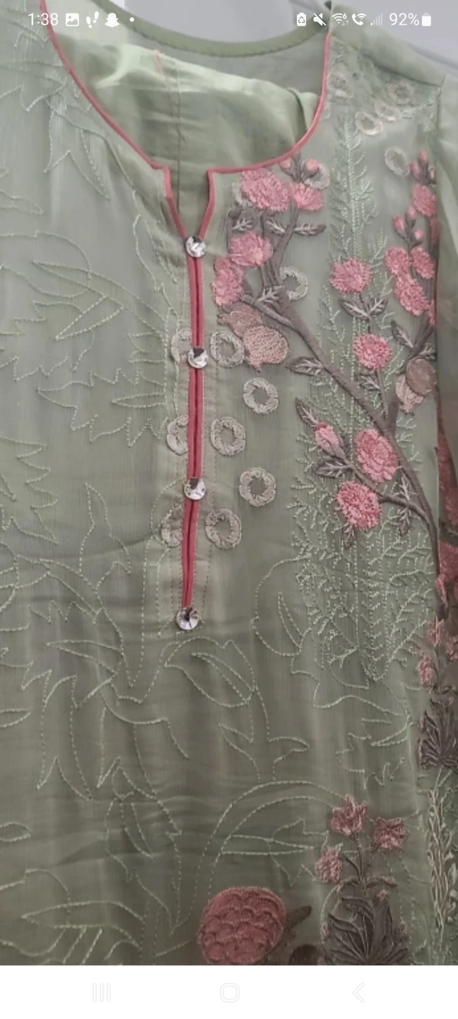 Embroidered Kameez Shalwar Set - Light Green with Pink Floral - photo 3