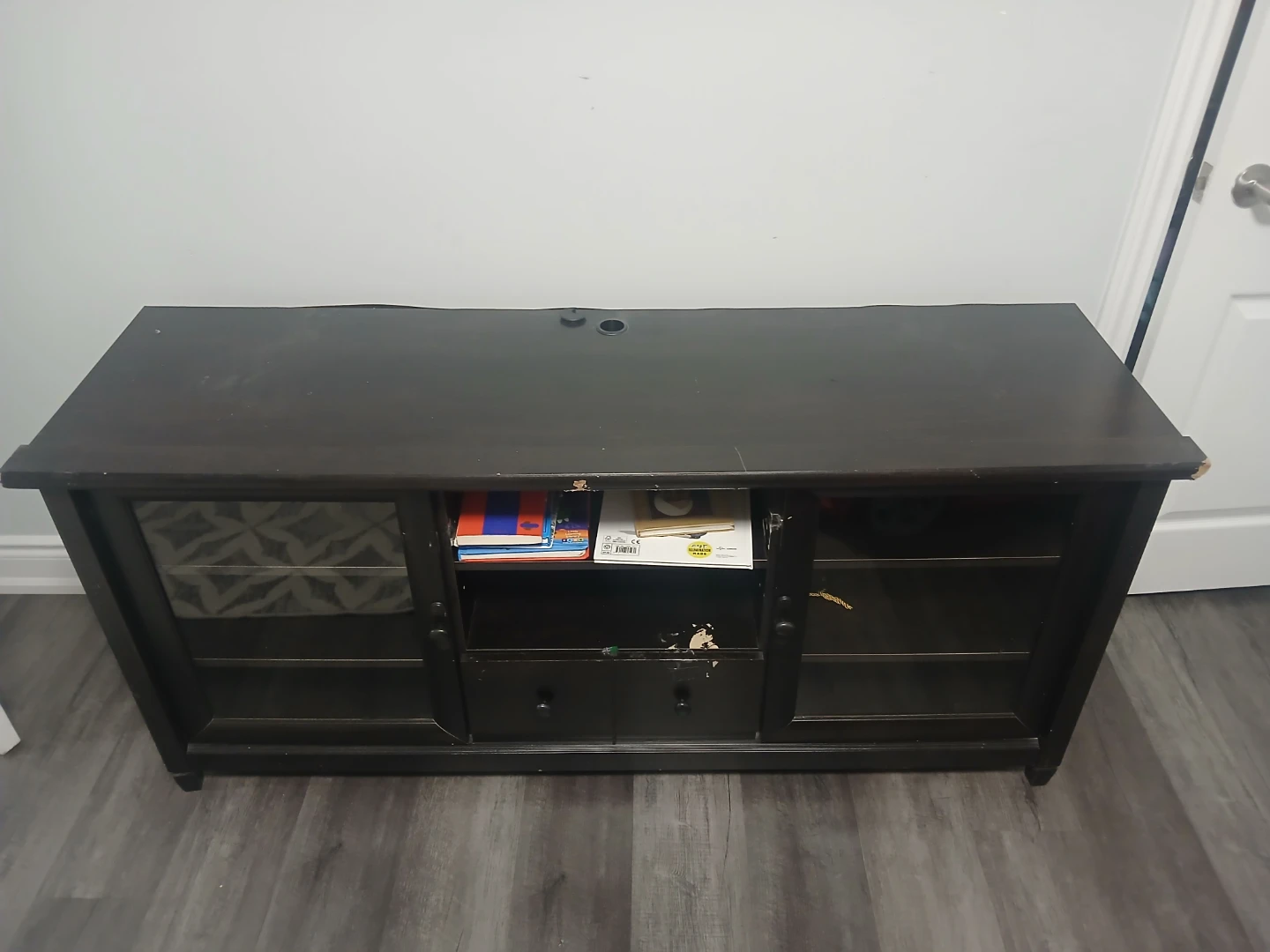 Dark Brown TV Stand with Glass Doors