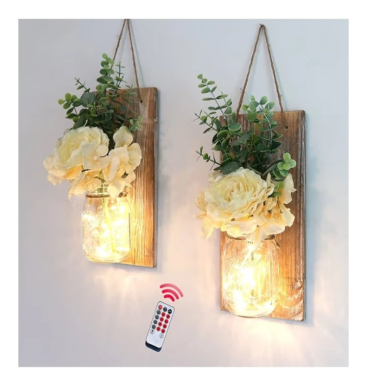 Set of 2 Wooden Mason Jar Sconces with LED Lights - photo 3