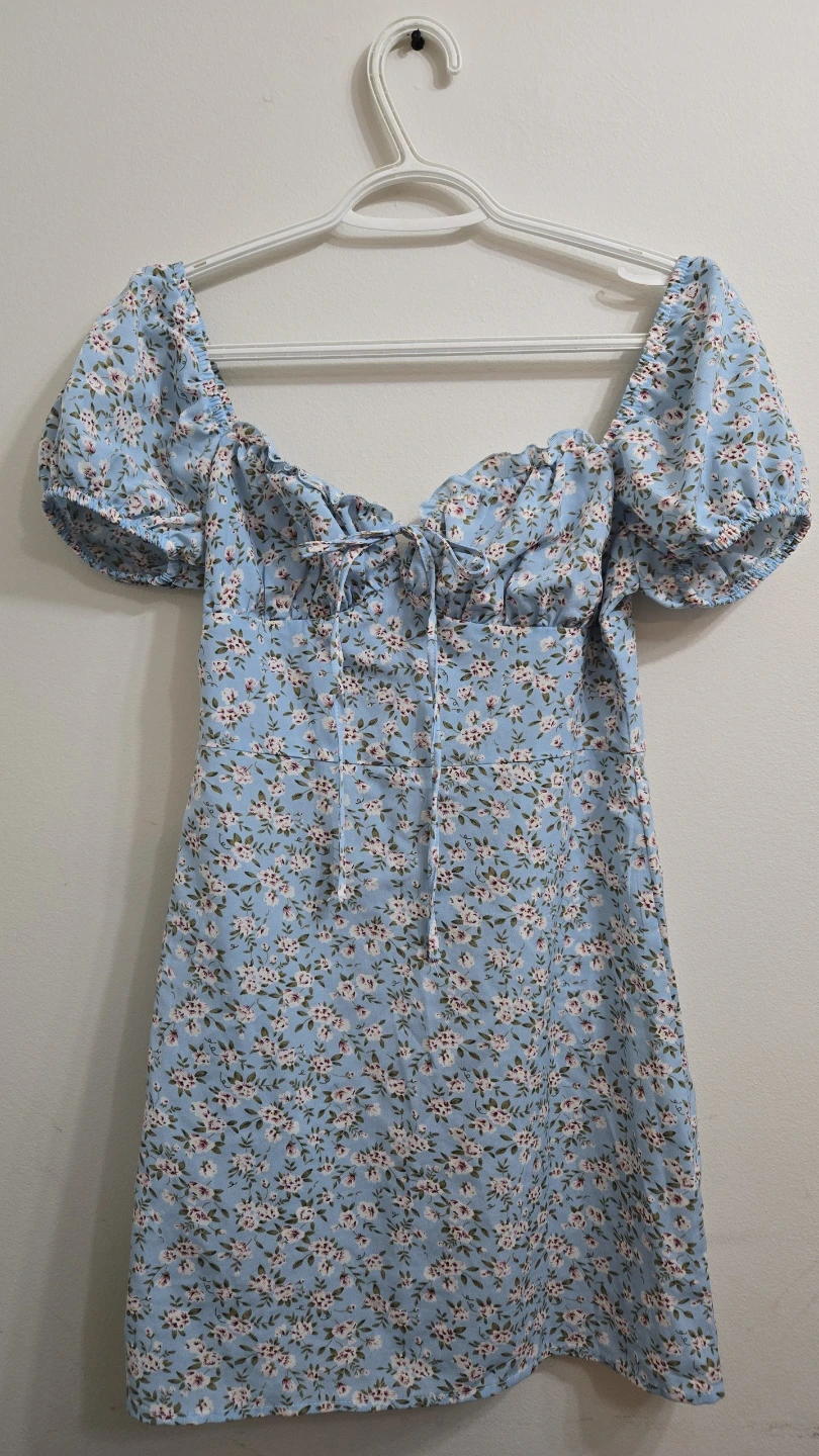SHEIN Blue Floral Puff Sleeve Sweetheart Neck Dress Size S