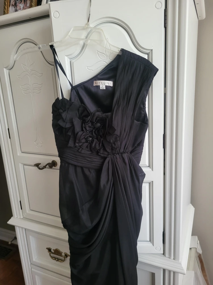 Nitelina Black One-Shoulder Dress with Floral Detail - Size 6