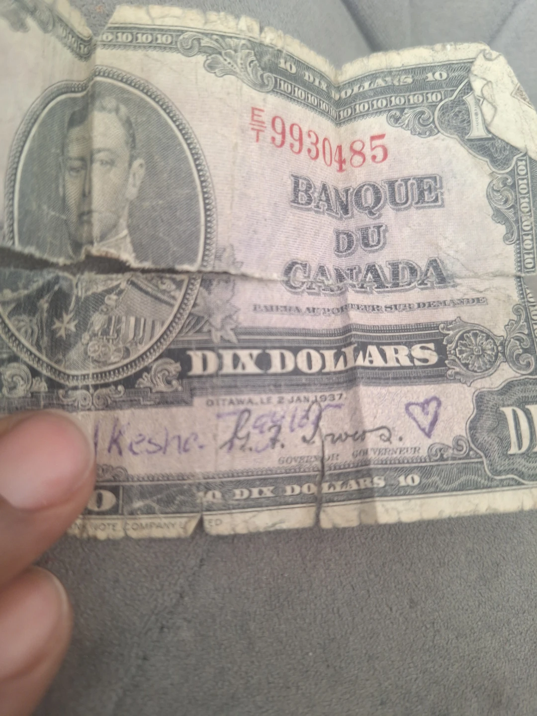 1937 Bank of Canada 10 Dollar Bill