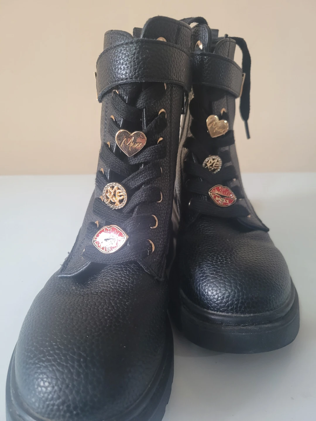 Black Combat Boots with Decorative Charms Size 13 - photo 2