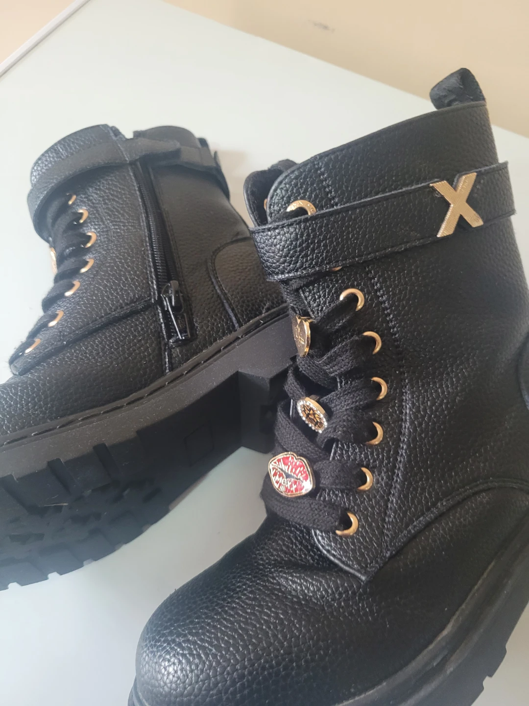 Black Combat Boots with Decorative Charms Size 13 - photo 3