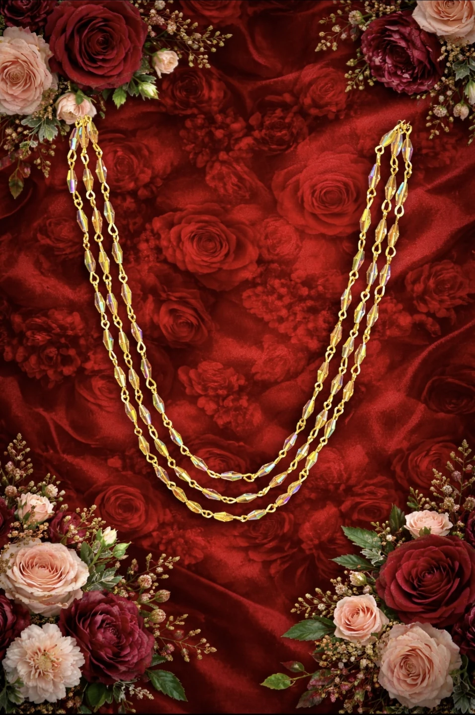 Gold Tone Triple Strand Beaded Necklace