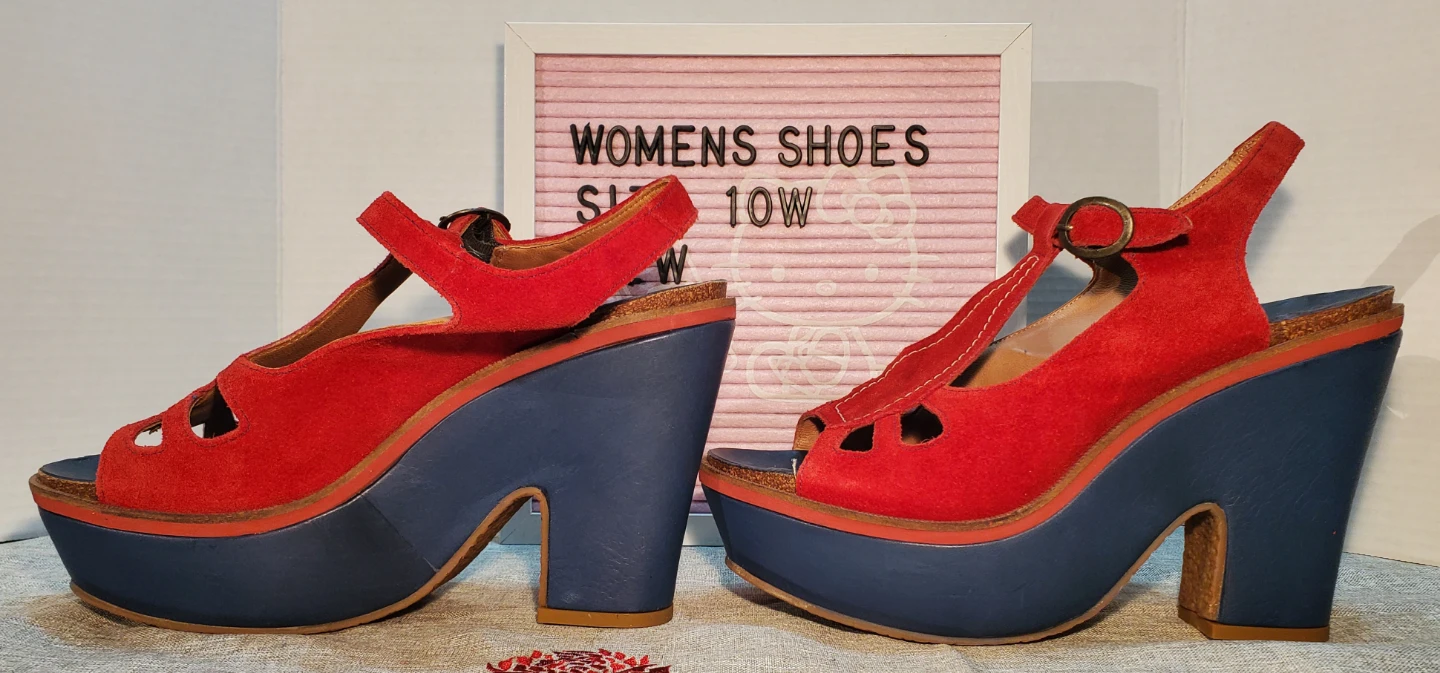 Hush Puppies Red & Blue Suede Platform Wedge Sandals Size 10W - photo 4