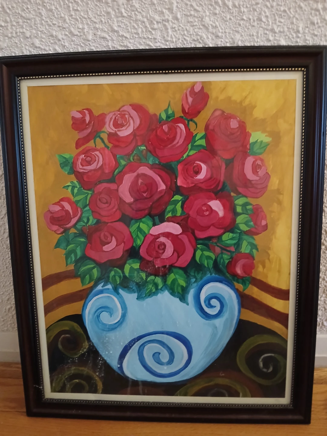 Framed Painting of Red Roses in Blue Vase
