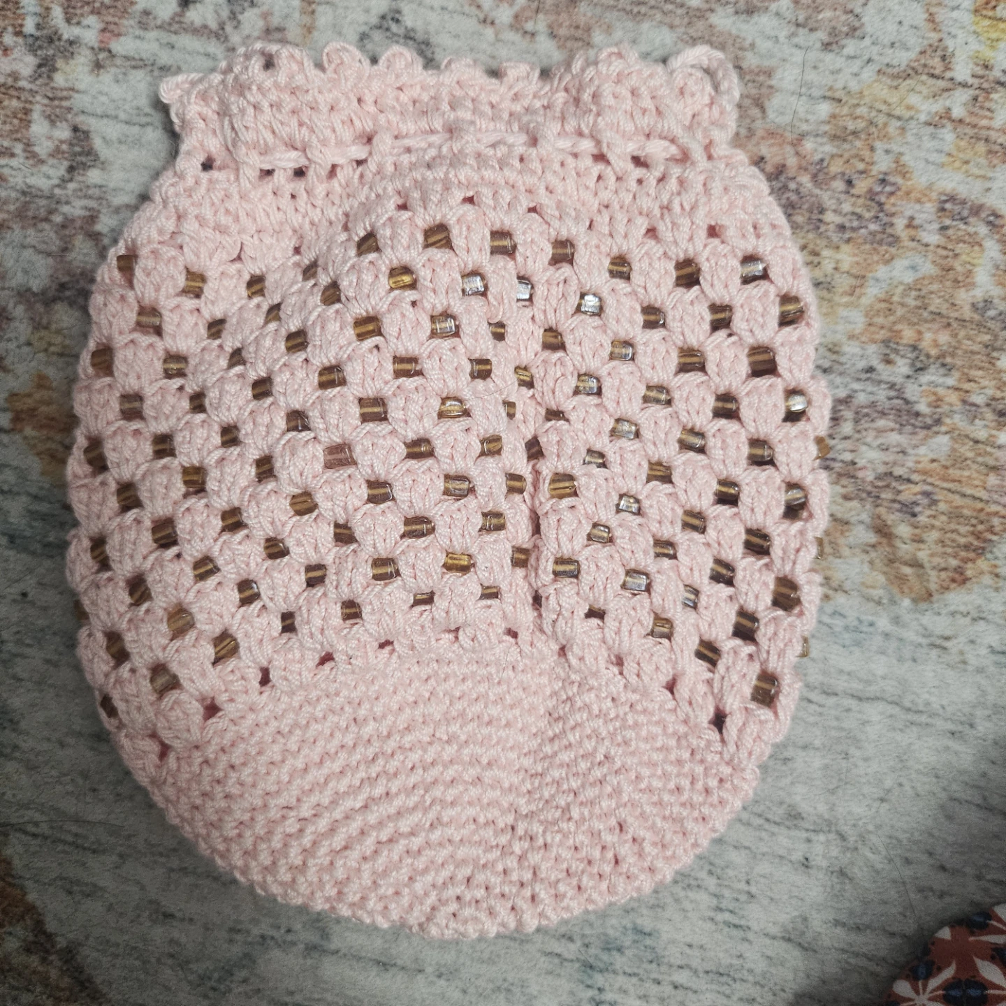 Pink handmade Crochet Drawstring Pouch with Beads - photo 2