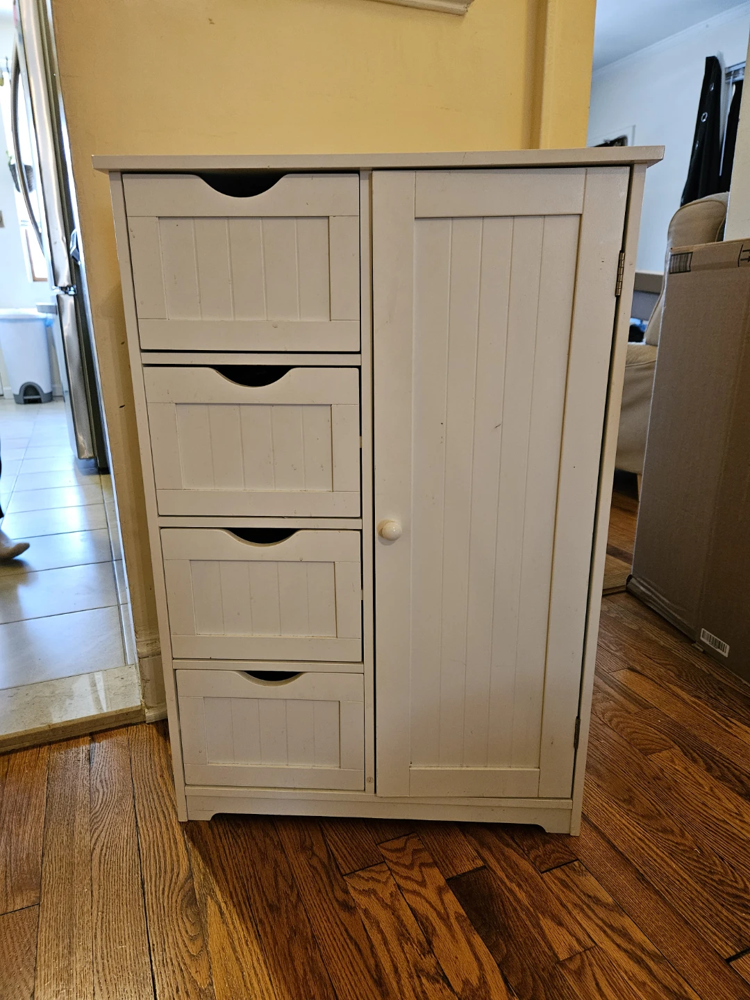 White Storage Cabinet with Drawers and Door