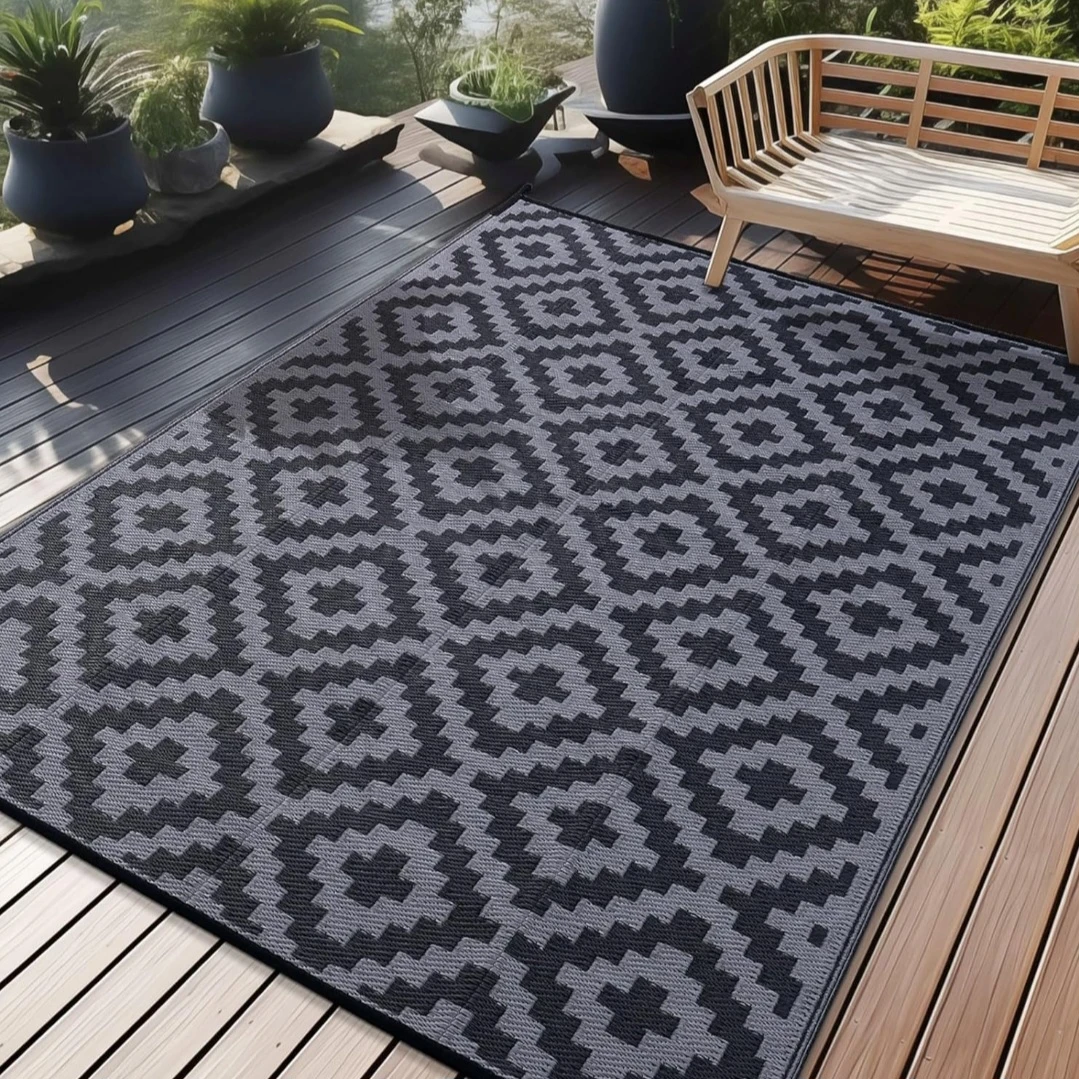 Black and grey- OLANLY Outdoor Rug Waterproof Reversible