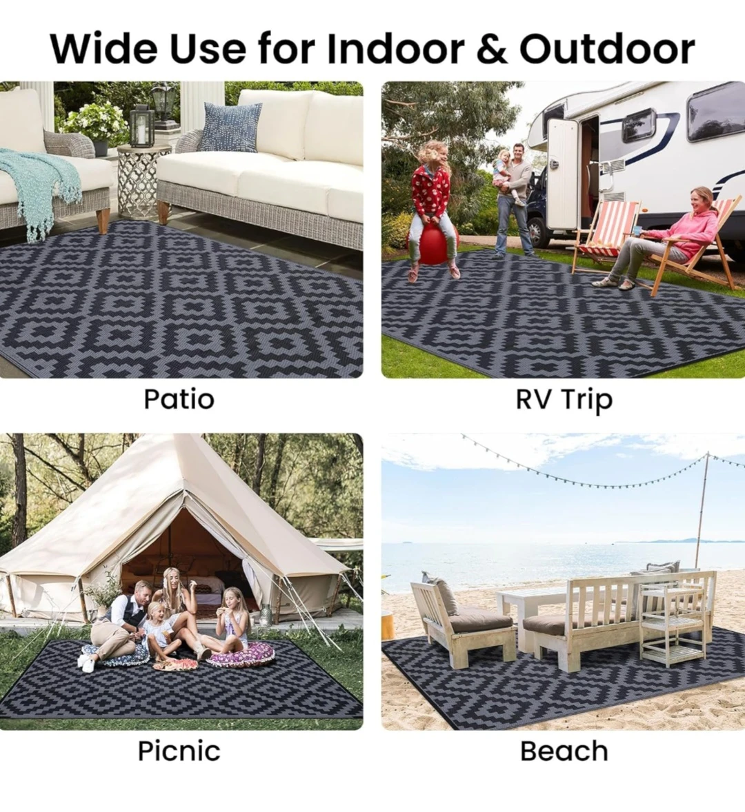 Black and grey- OLANLY Outdoor Rug Waterproof Reversible - photo 5