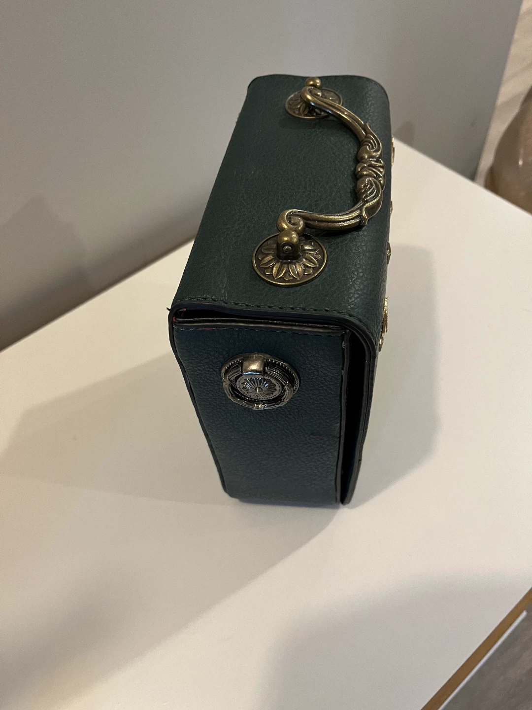 Dark Green Faux Leather Steampunk Handbag with Clock Design - photo 3