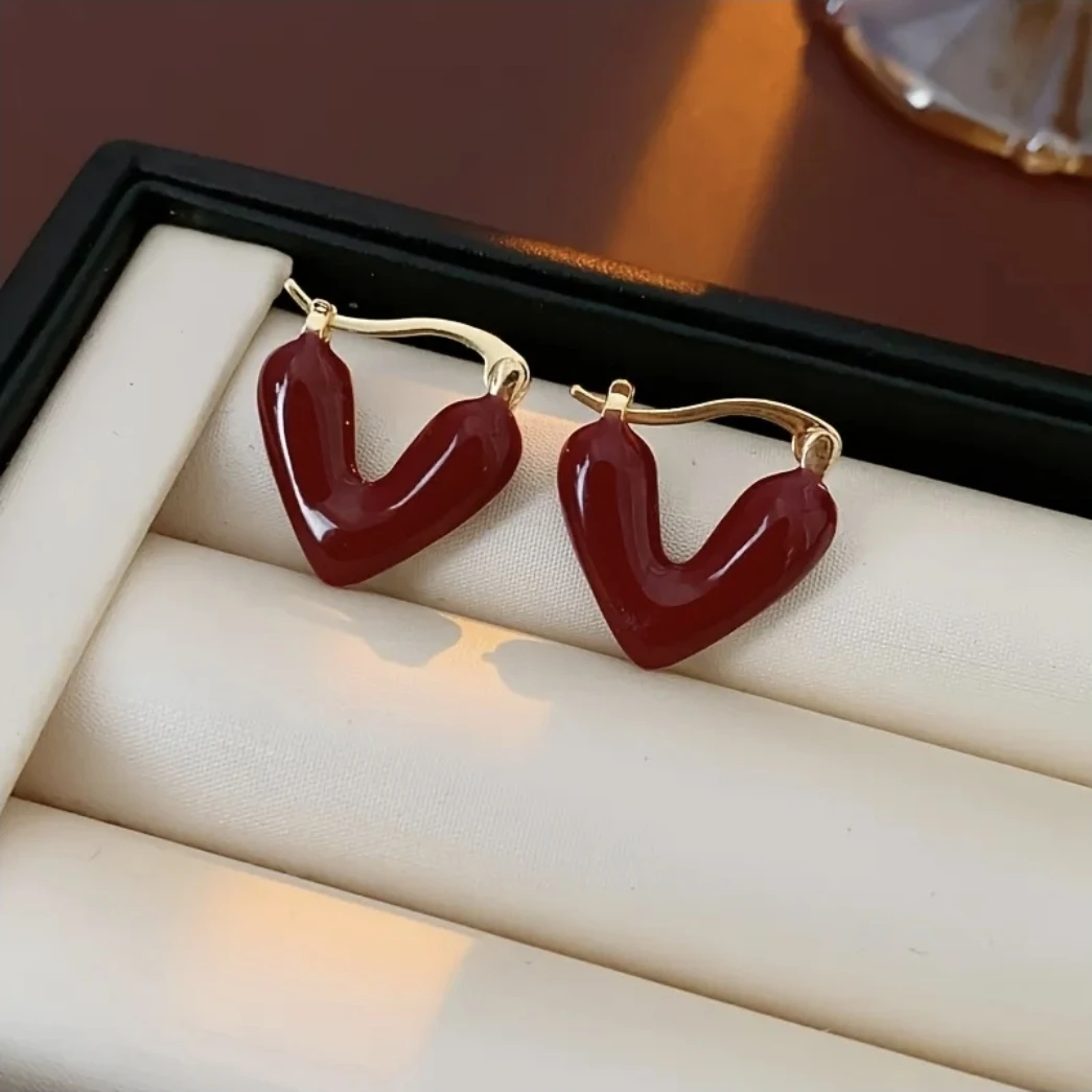 Red Enamel 3D Puffy Heart Gold Huggie Hoop Earrings