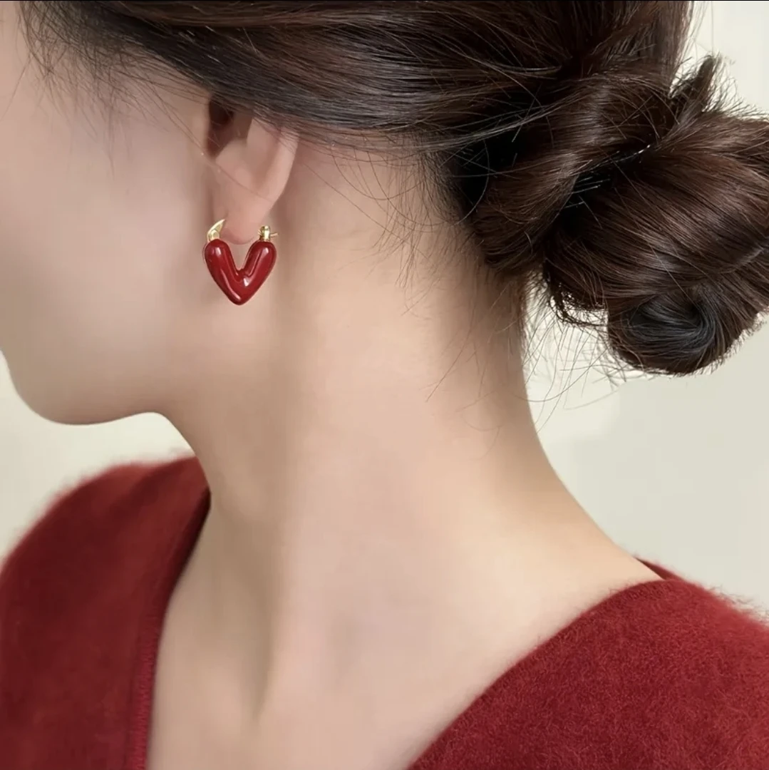 Red Enamel 3D Puffy Heart Gold Huggie Hoop Earrings - photo 2