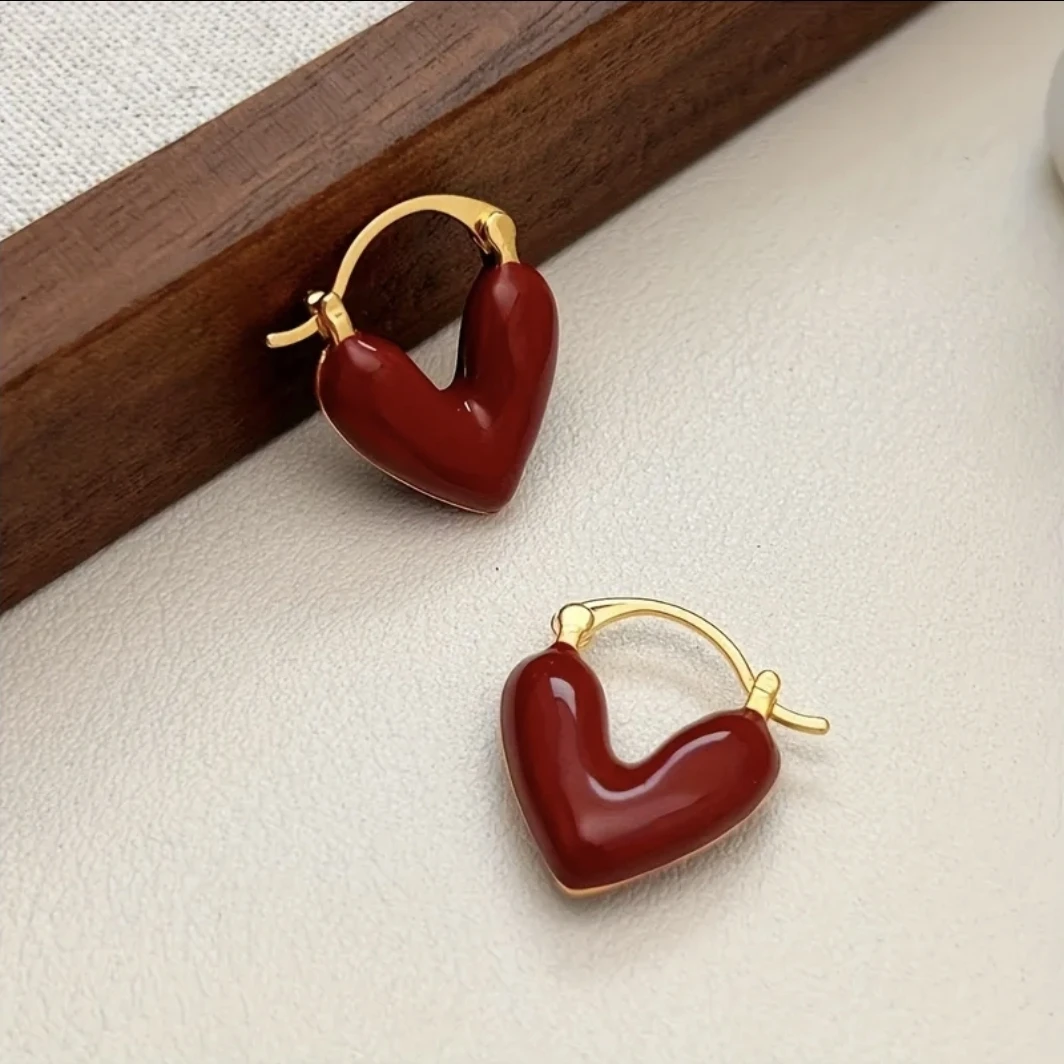 Red Enamel 3D Puffy Heart Gold Huggie Hoop Earrings - photo 3