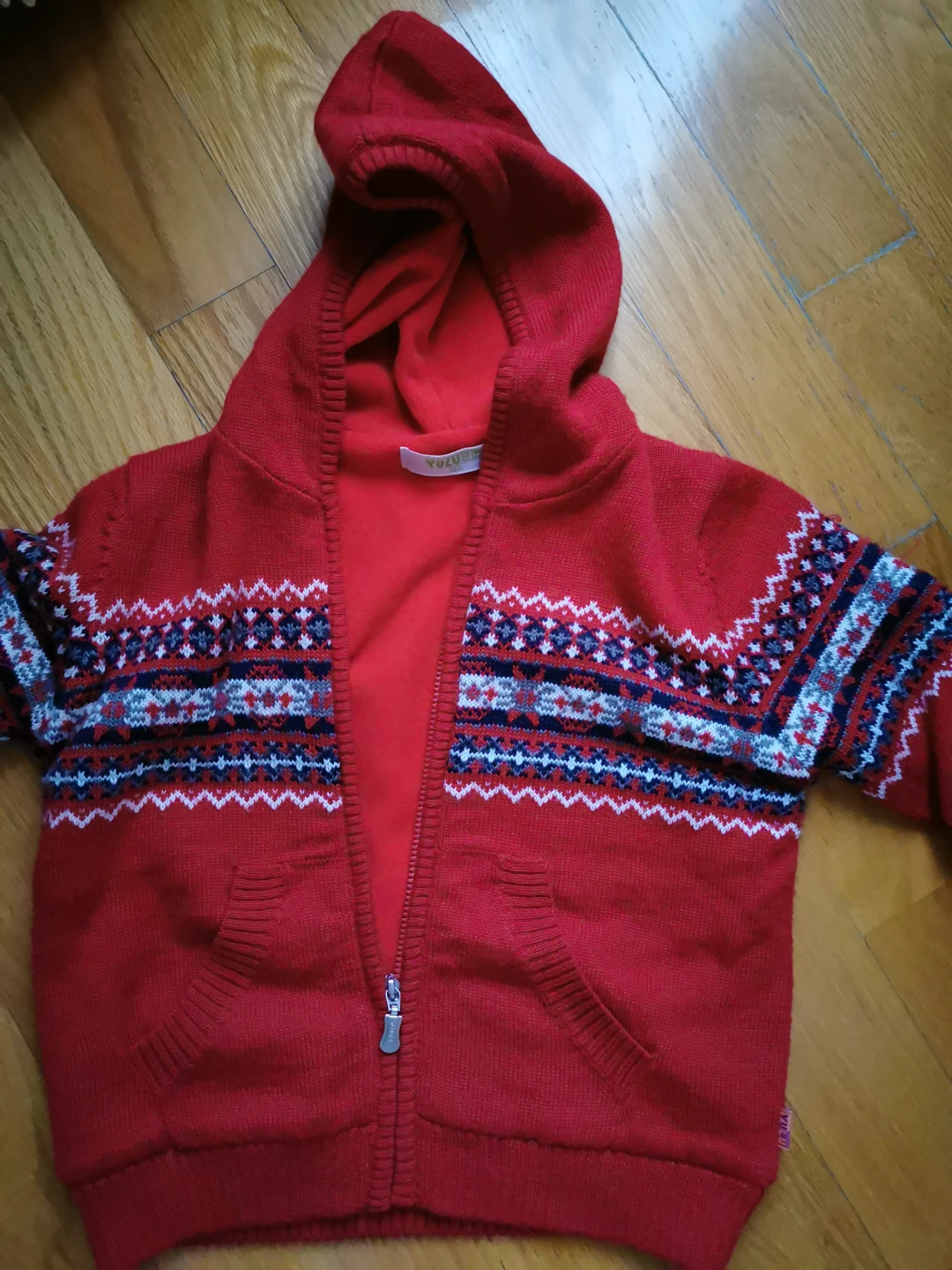 Red Zip-Up Hoodie with Fair Isle Pattern