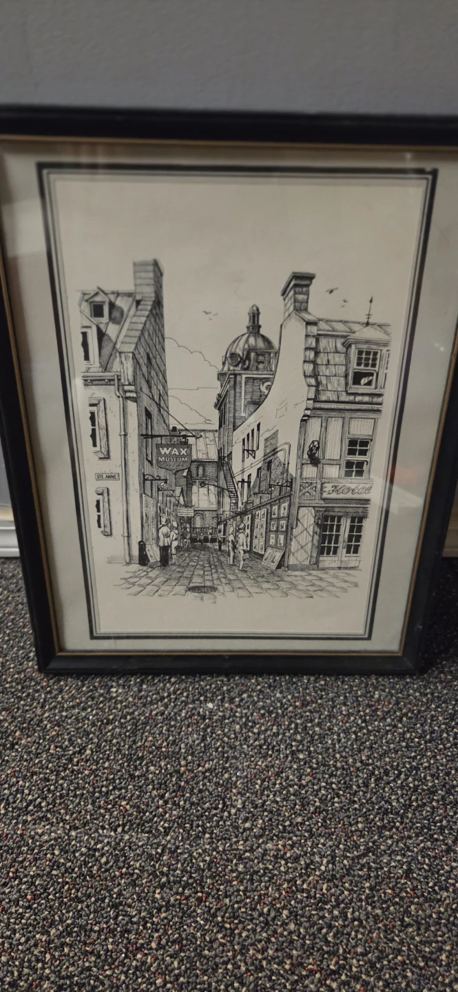 Framed Pen and Ink Drawing of European Street Scene
