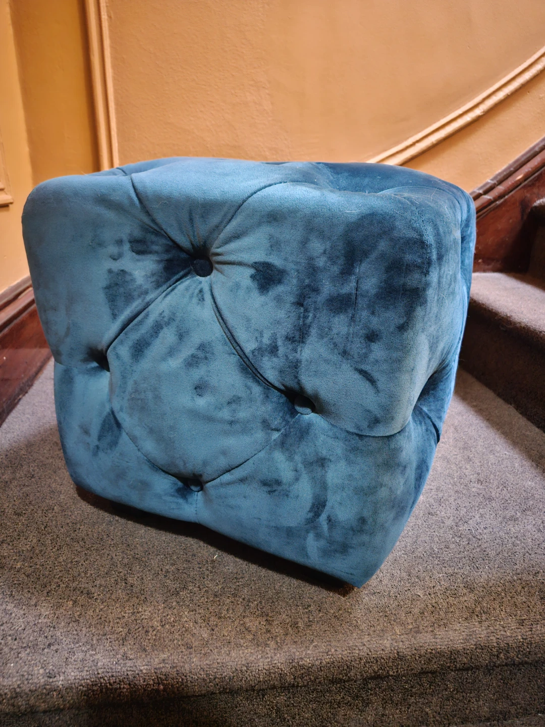 Two Teal Suede Tuffed Ottomans