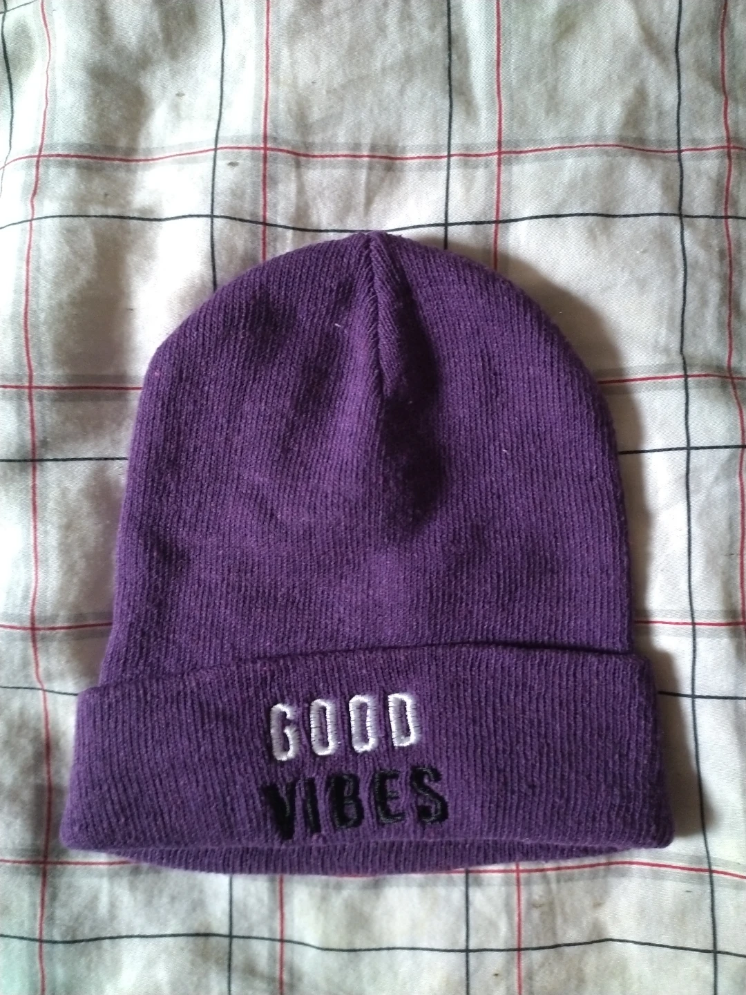 Purple Beanie with "Good Vibes" Embroidery