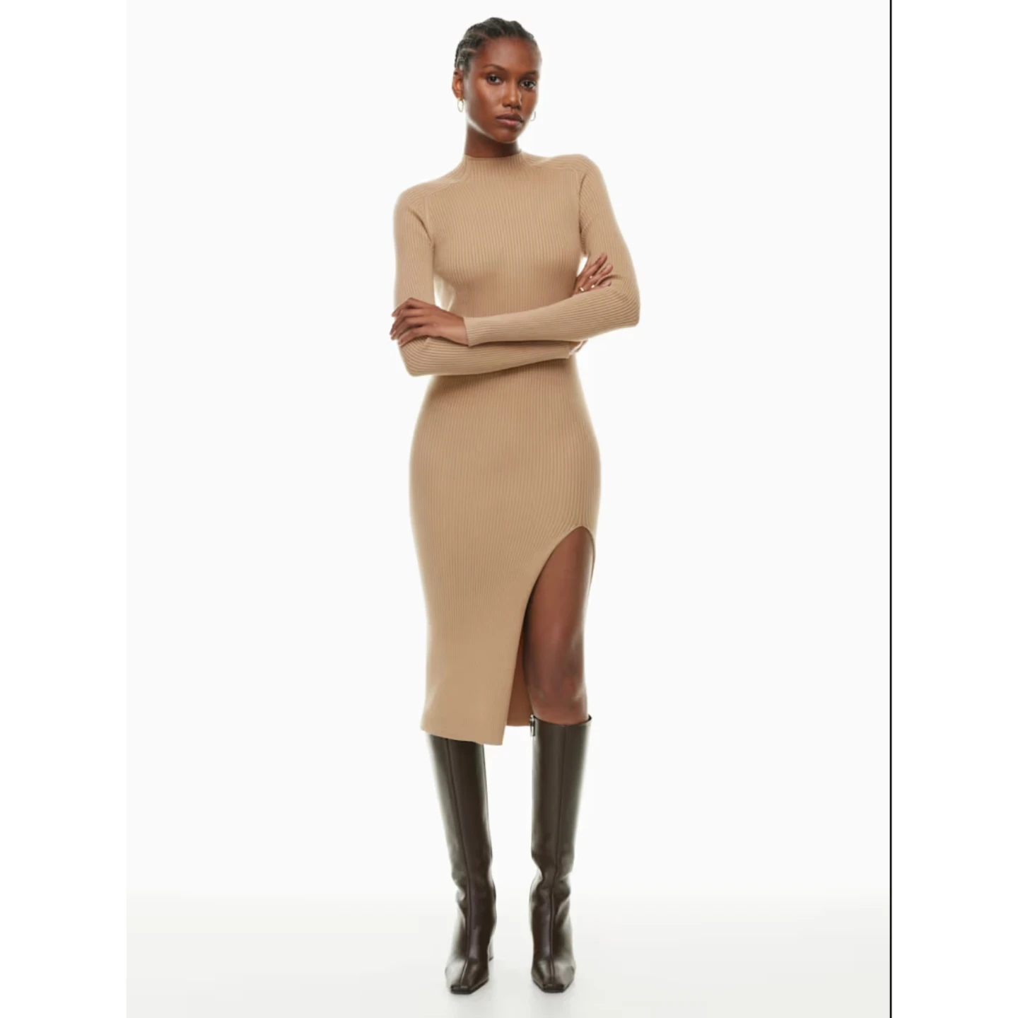 Aritzia Beige Ribbed Mock Neck Midi Dress with Slit - photo 5