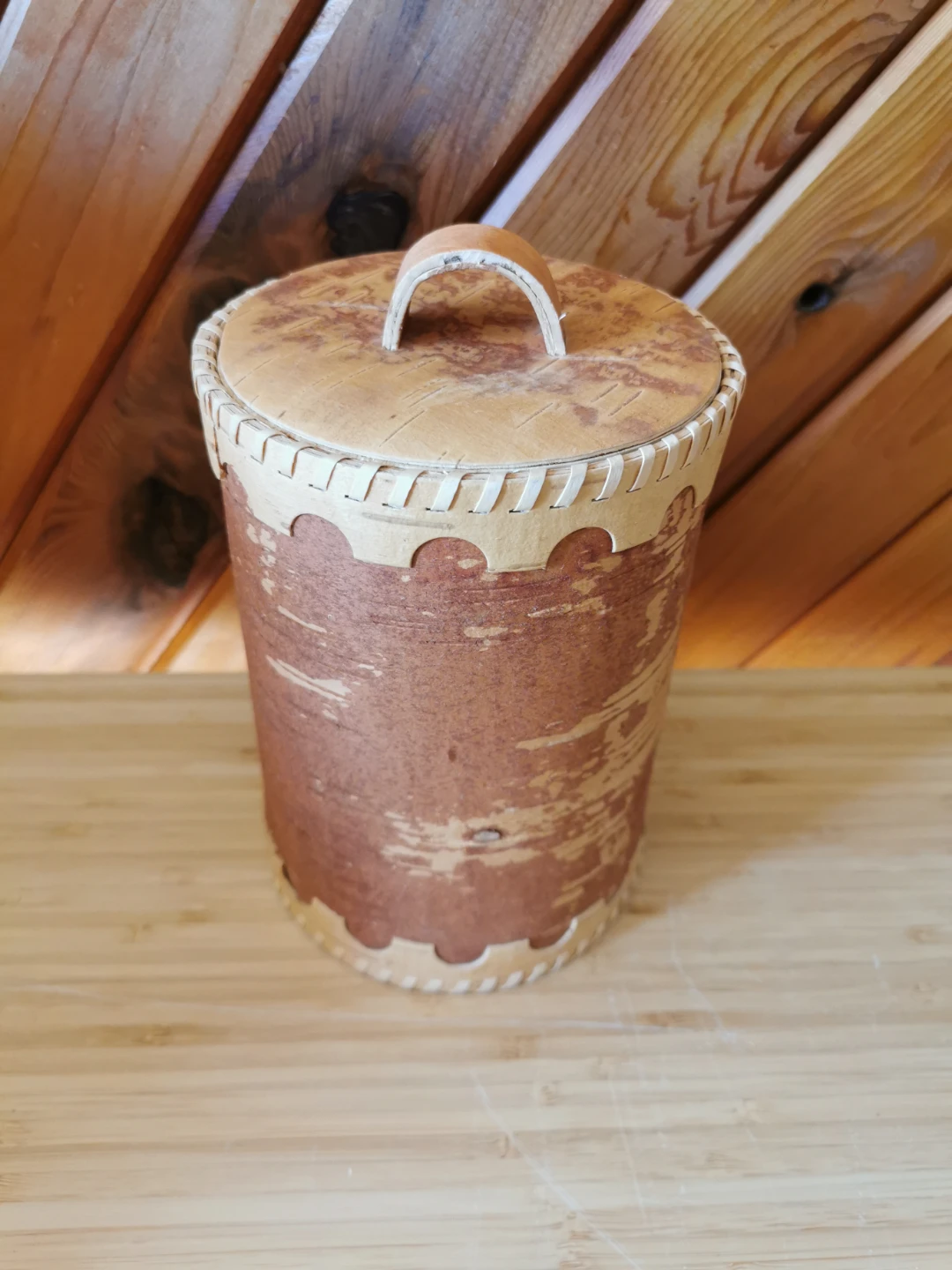 Vintage Handcrafted Birch Bark Canister with Lid