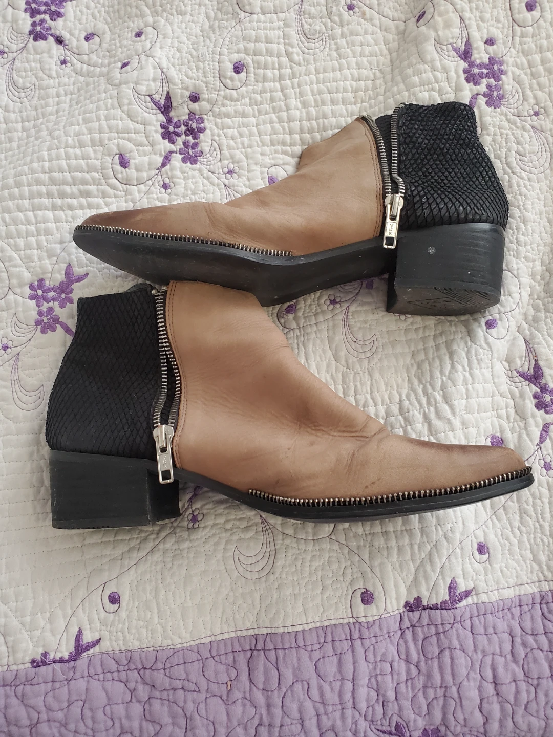 Tan and Black Leather Ankle Boots with Zippers
