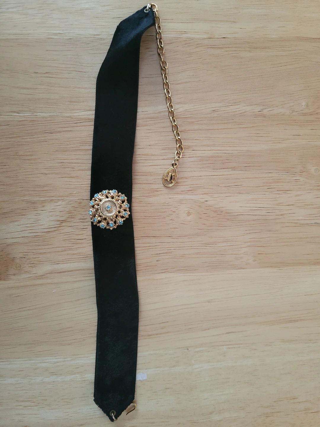 Vintage Black Velvet Choker with Gold-Tone Filigree Pendant