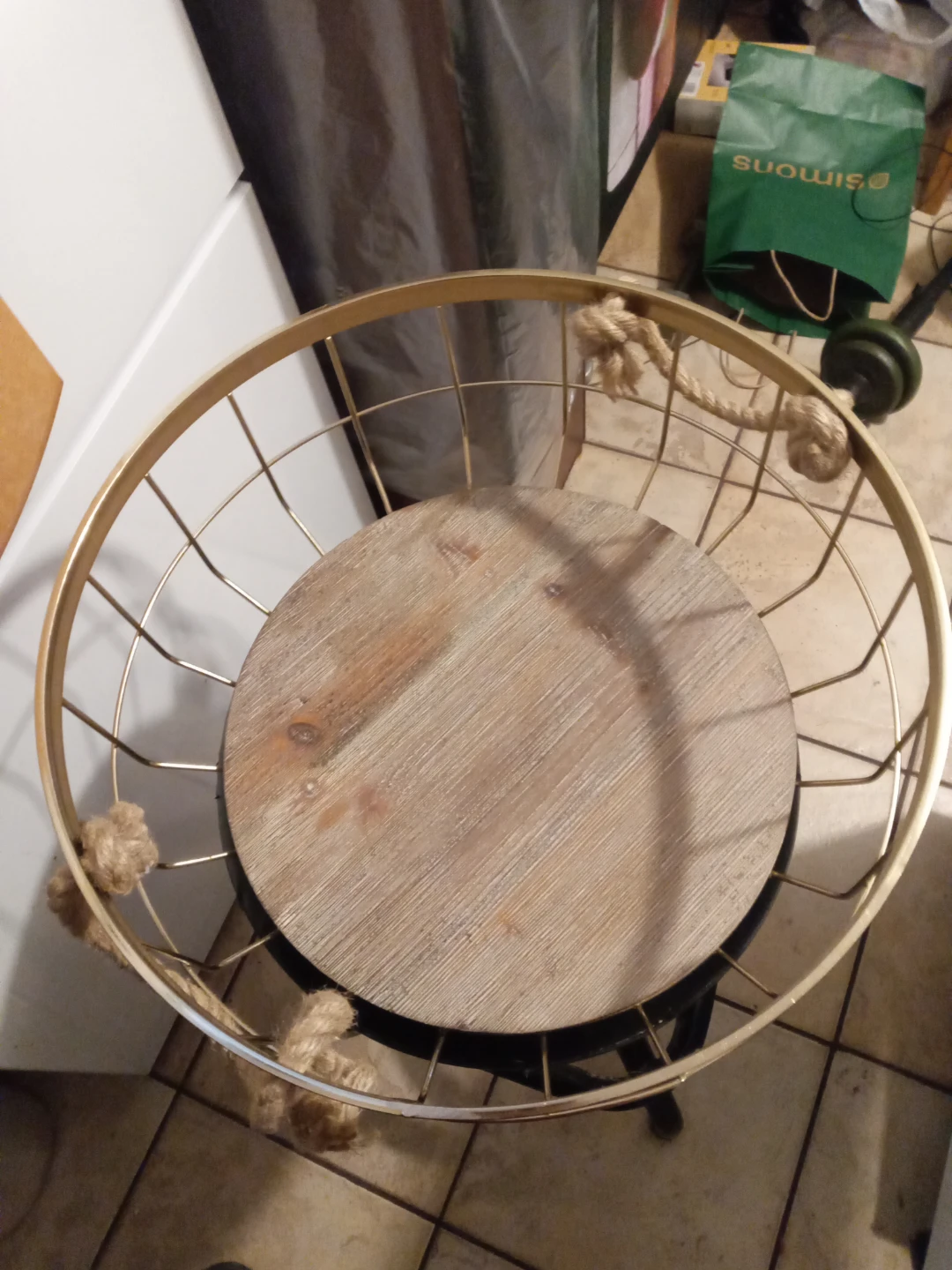 Round Wire Basket with Wood Base and Rope Accents