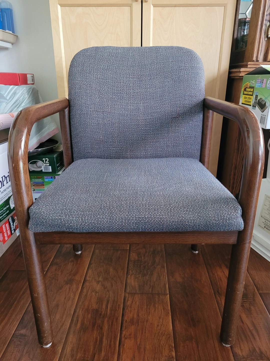 Wooden Armchair with Grey Upholstery