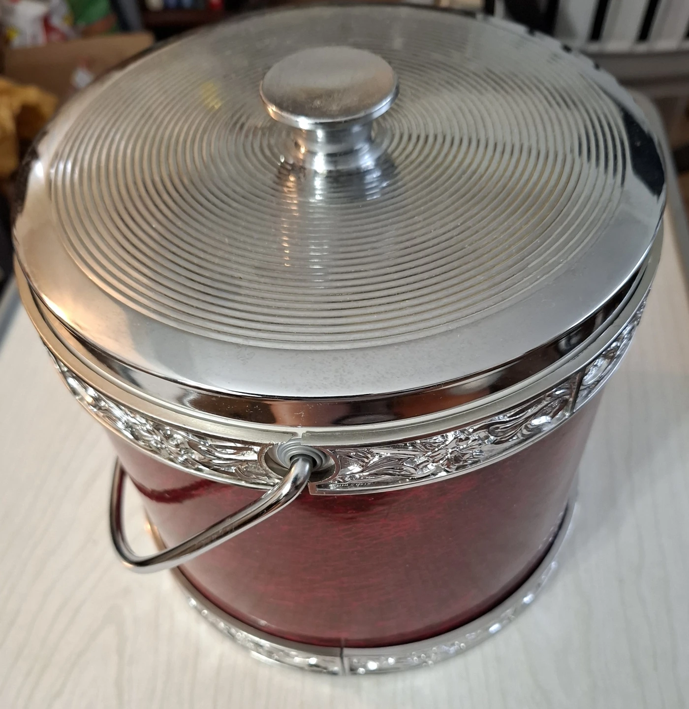 Red Ice Bucket with Silver Trim