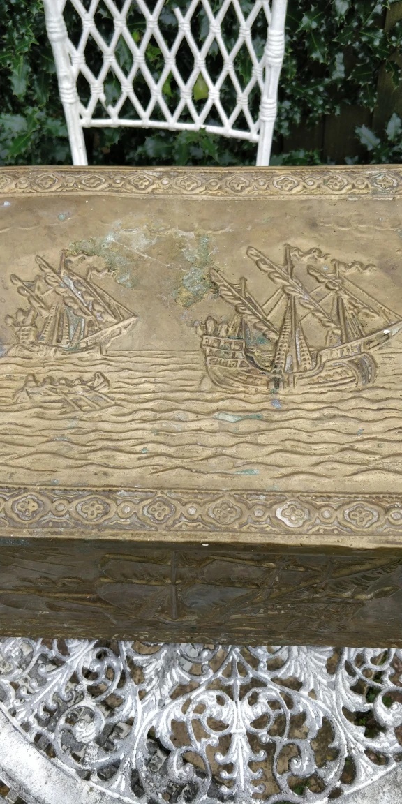 Vintage Embossed Brass Chest Trunk with Ship Design