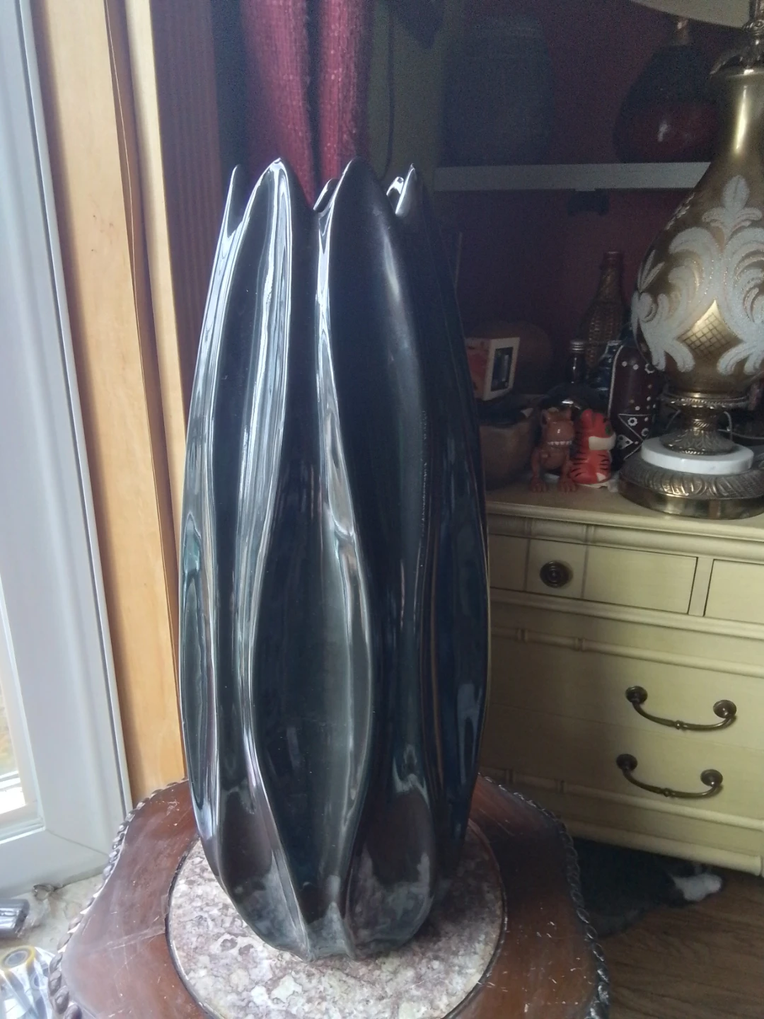 Elegant Sculptural Black Art Glass Vase 6x15"