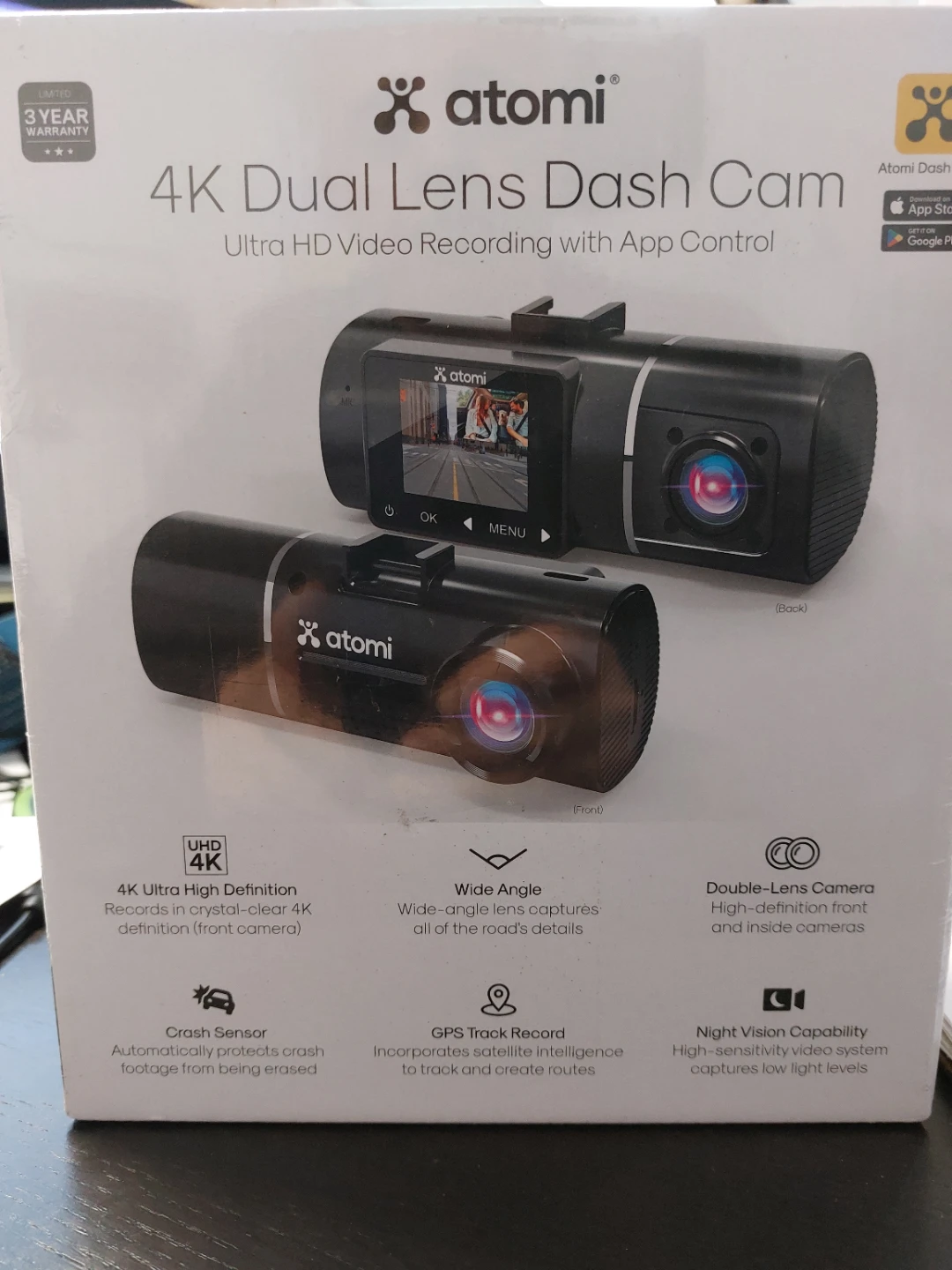 Atomi 4K Dual Lens Dash Cam with 32GB Memory Card
