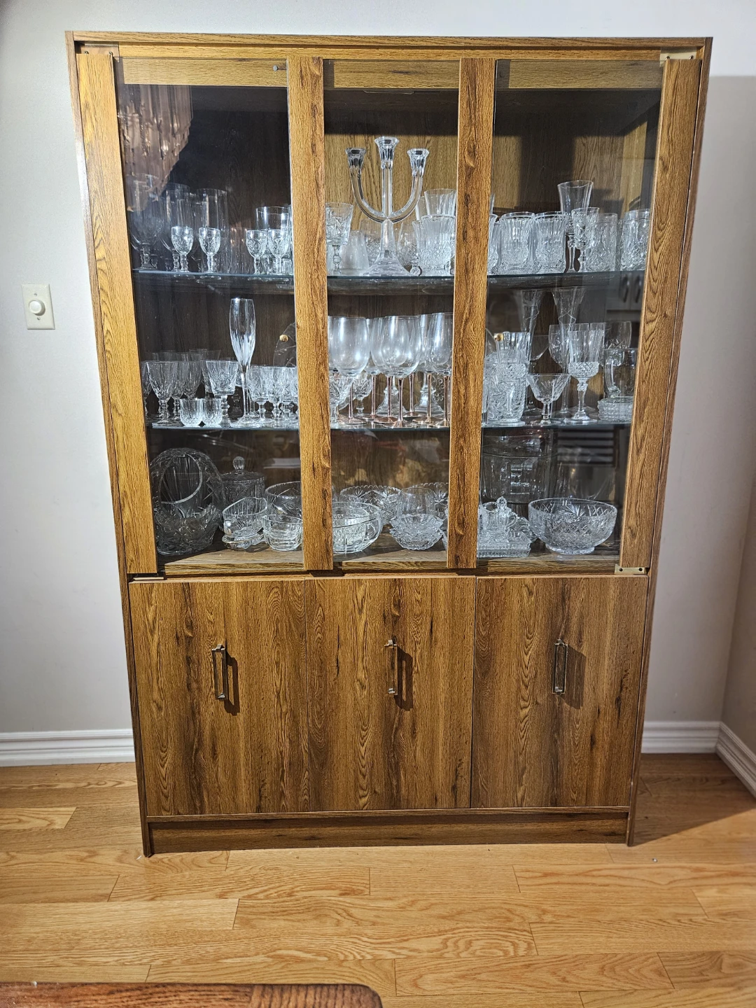 Vintage Wood China Cabinet with Glassware