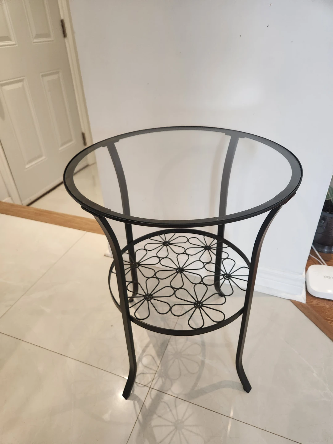Round Glass Top Side Table with Flower Shelf