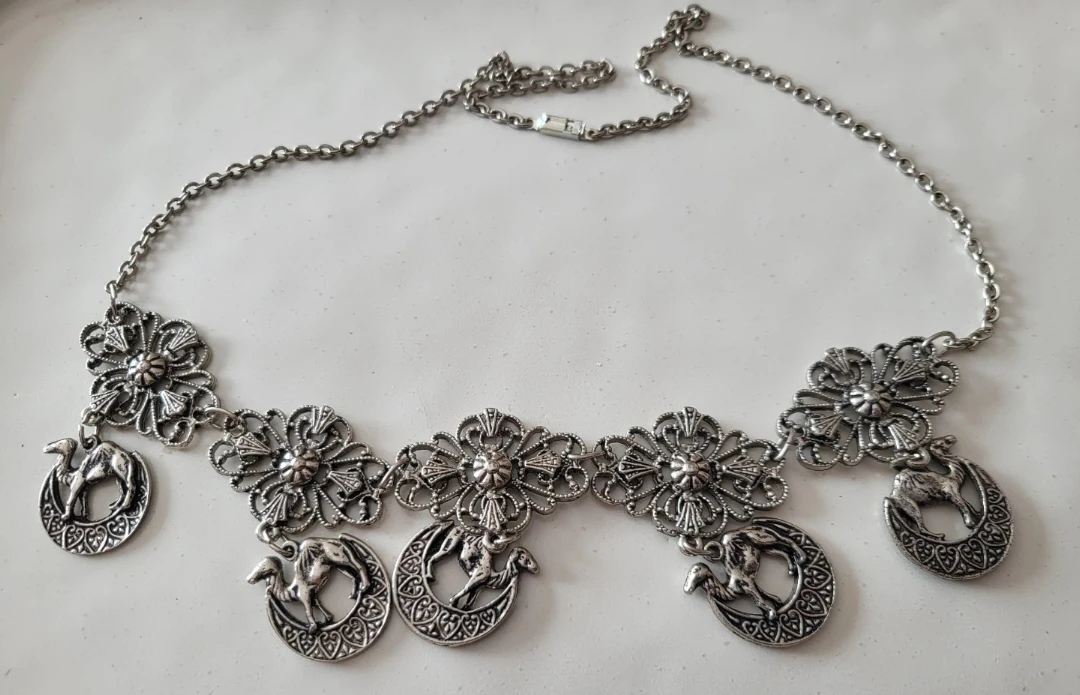 Vintage Silver Tone Camel and Filigree Necklace