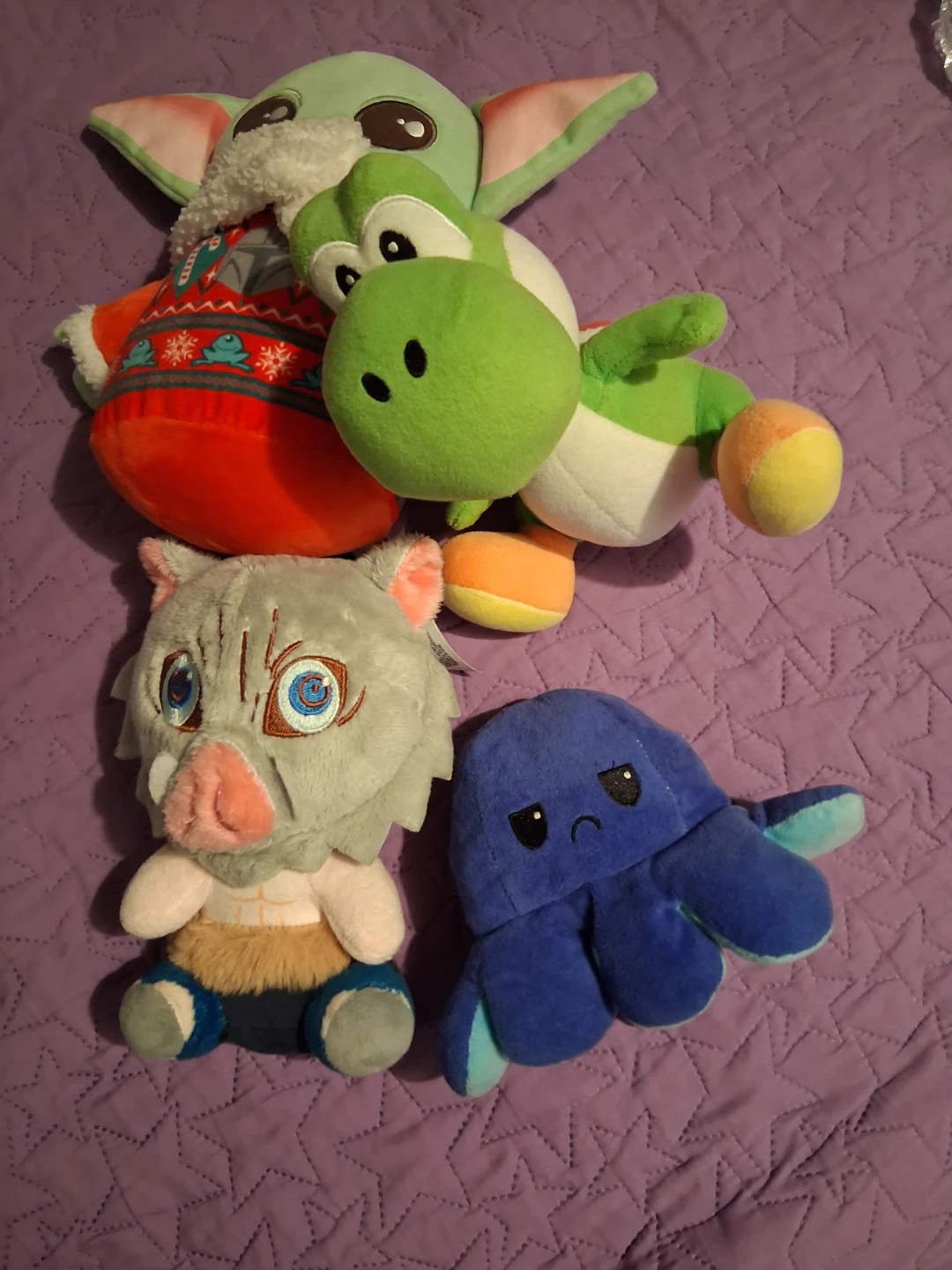 Plush Toys: Yoshi, Inosuke, Baby Yoda, and Octopus
