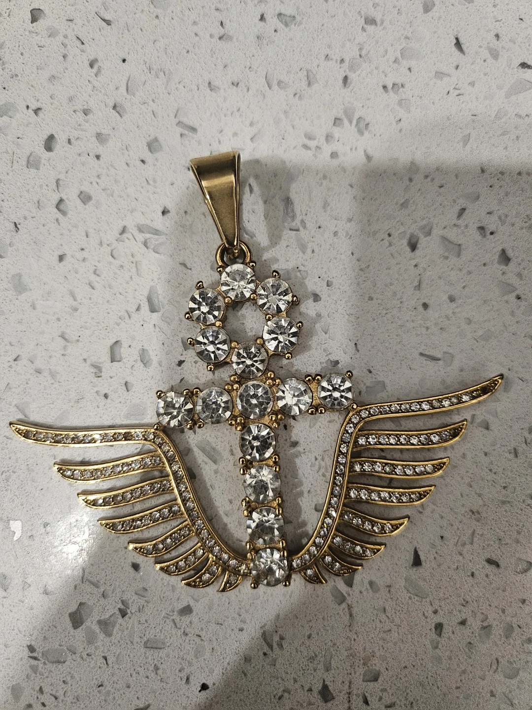 Winged Ankh Pendant Necklace with Crystals