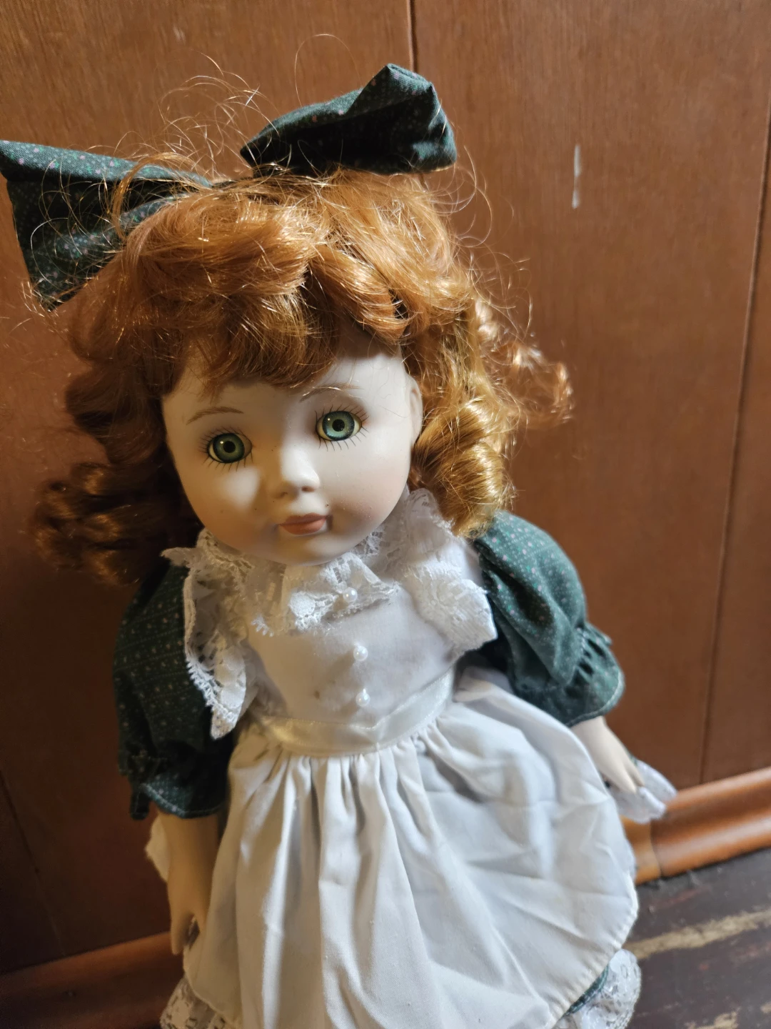 Vintage Porcelain Doll with Red Hair and Green Dress - photo 2