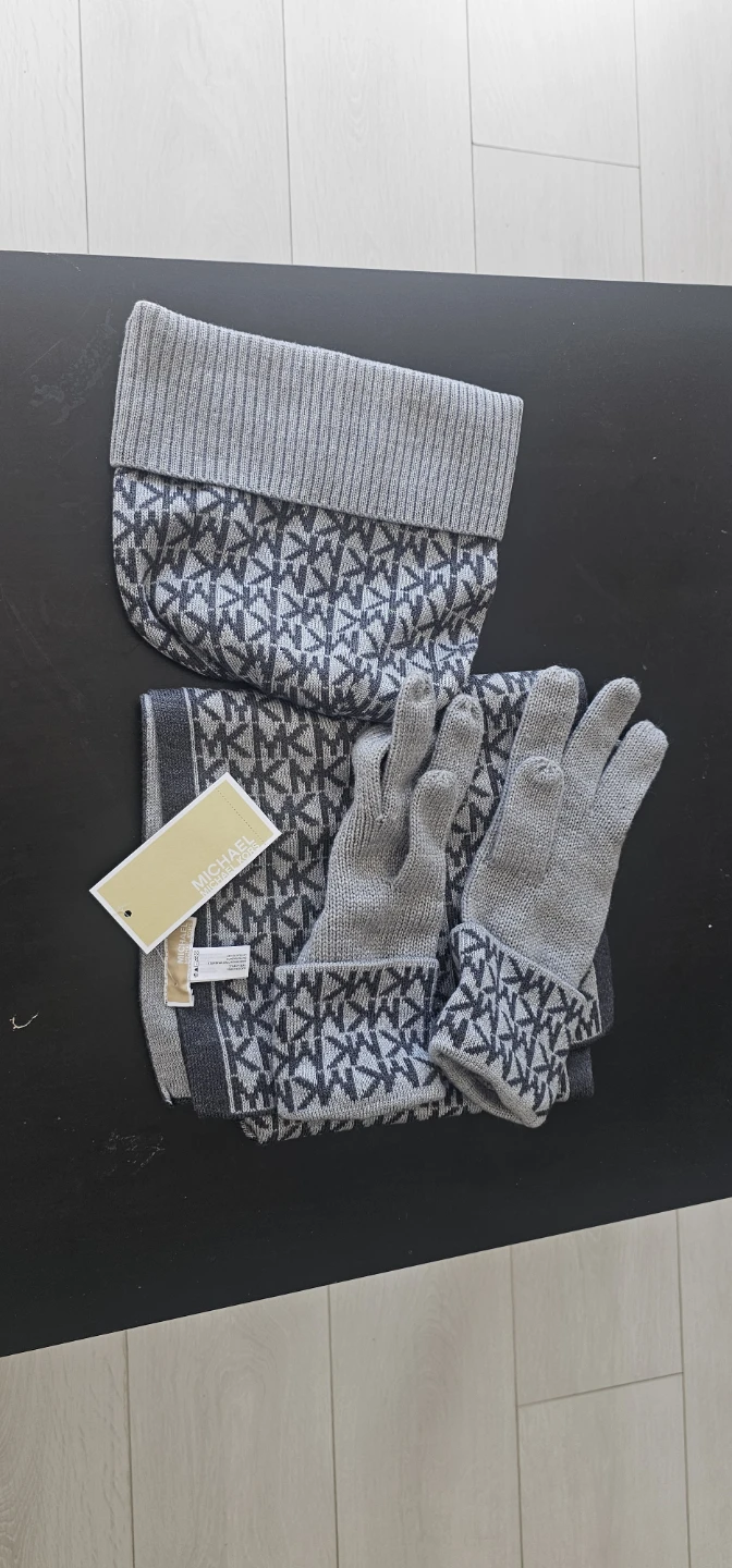 Michael Kors Grey MK Logo Scarf, Gloves, and Beanie Set