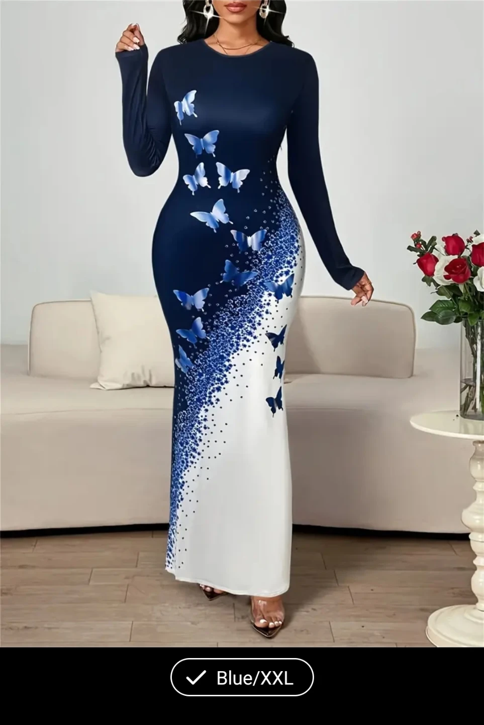 Blue Butterfly Print Long Sleeve Maxi Dress - Size XXL - photo 4
