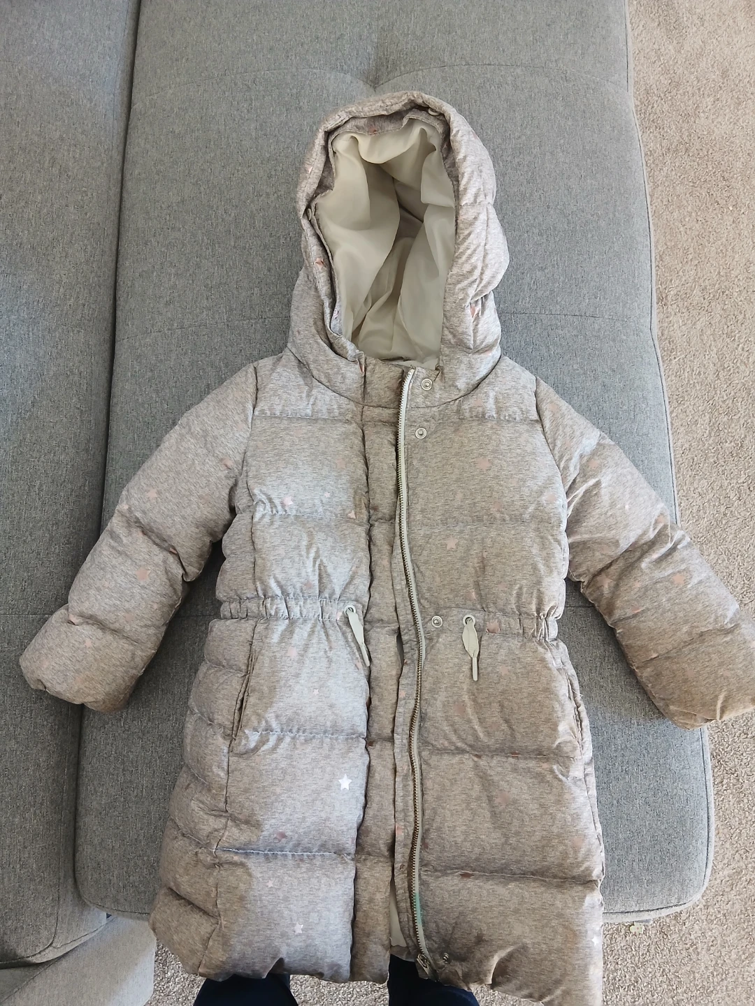 Girls' Grey Star Puffer Coat with Hood