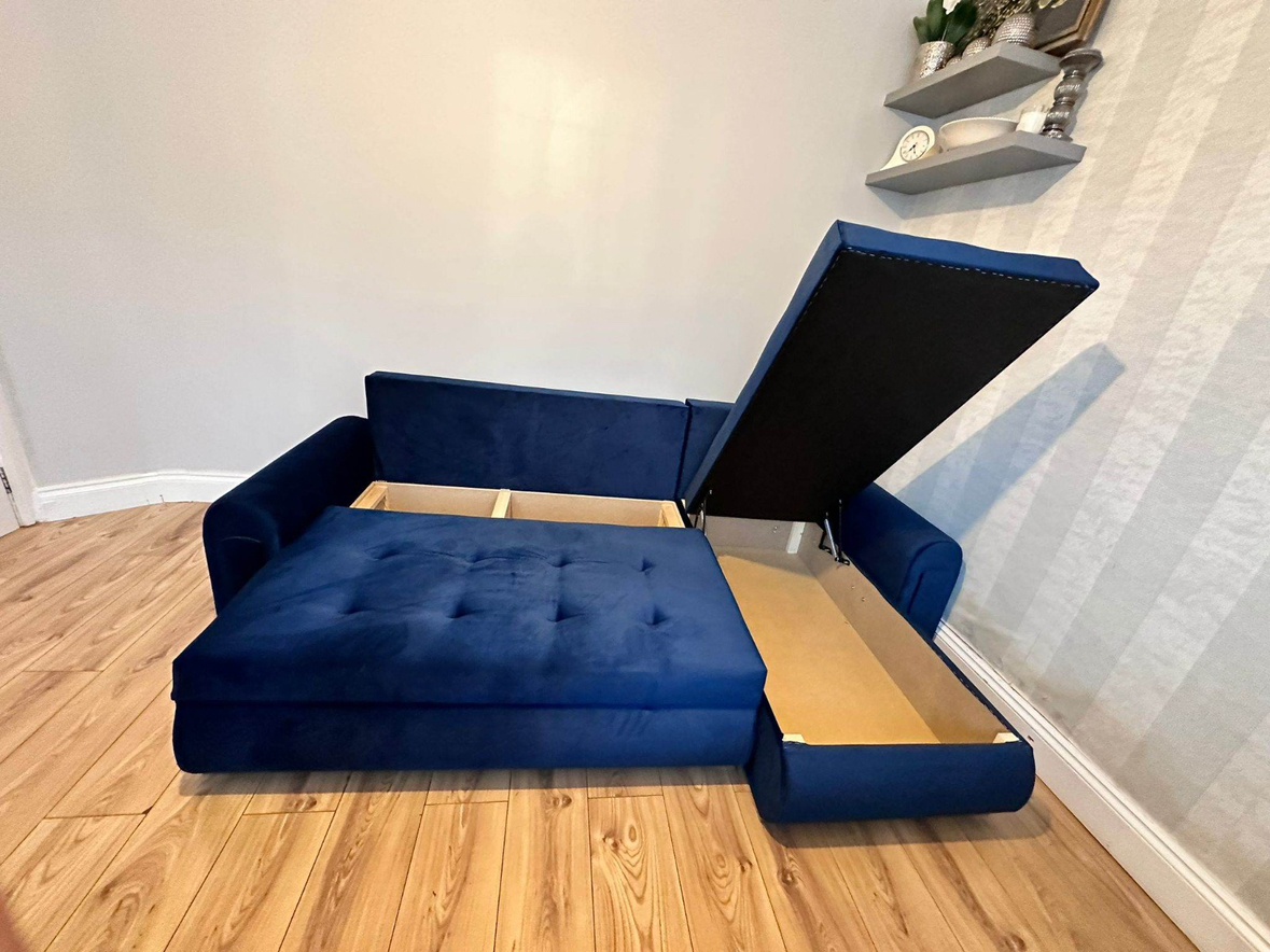 Blue Velvet L-Shaped Sofa Bed with Storage - photo 3