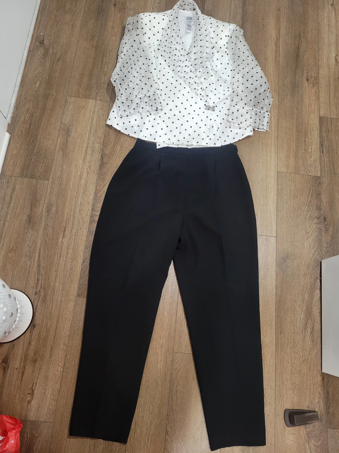 R&M Richards Woman Polka Dot Blouse and Black Pants Set - photo 3