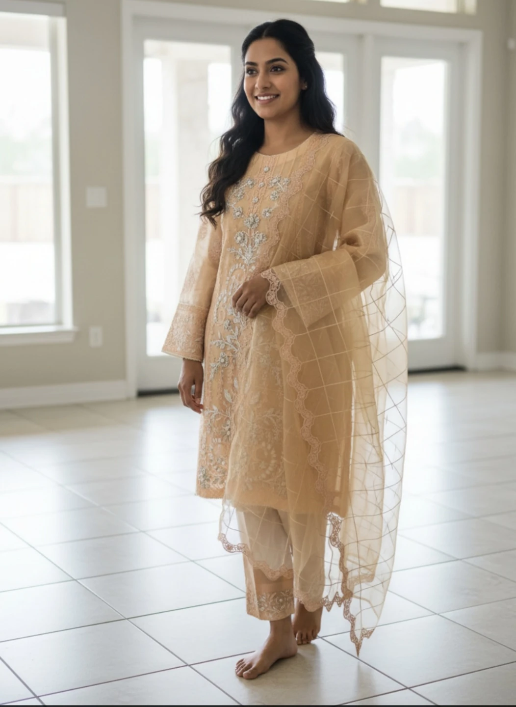 Peach Embroidered 5 Piece Outfit with Dupatta