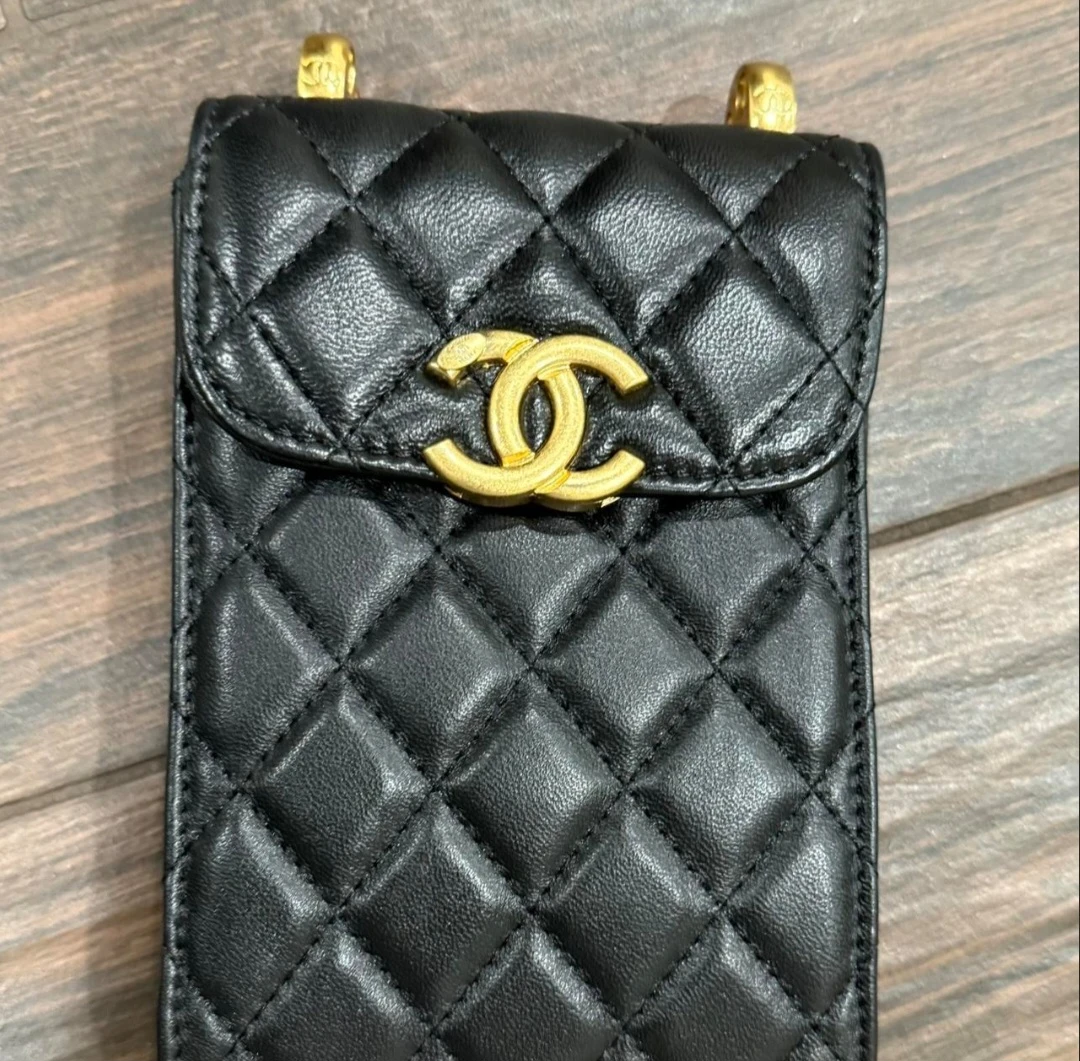 Quilted Black Leather Phone Pouch Bag