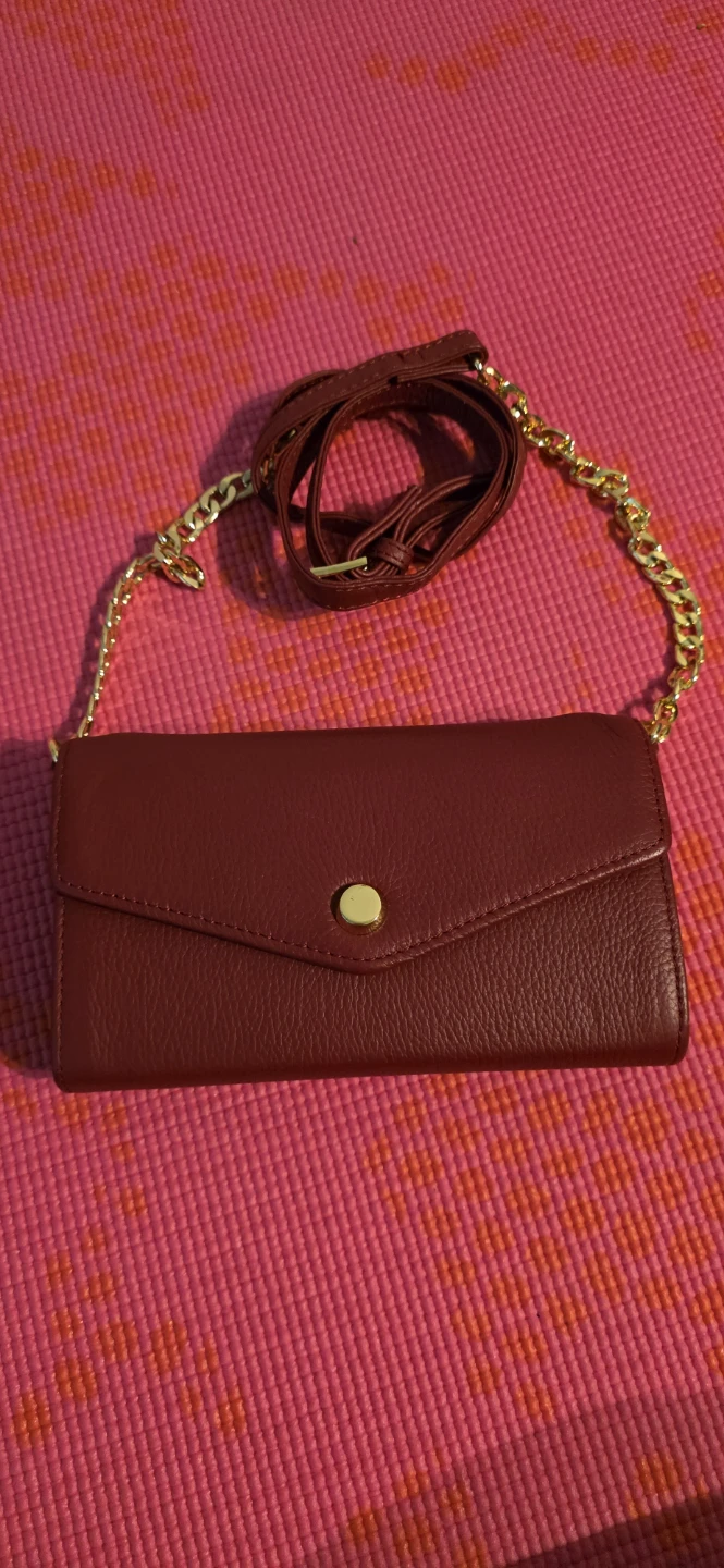 Burgundy Leather Wallet Clutch with Gold Chain Strap